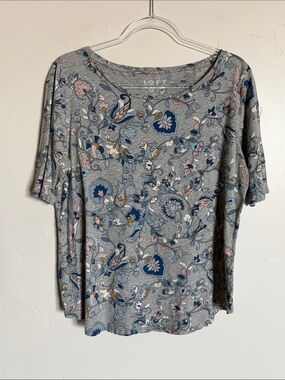 LOFT Gray Cotton Floral Scoop Neck Top with Blue & Pink Accents